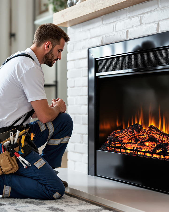 Fireplace technician performing indoor fireplace repair