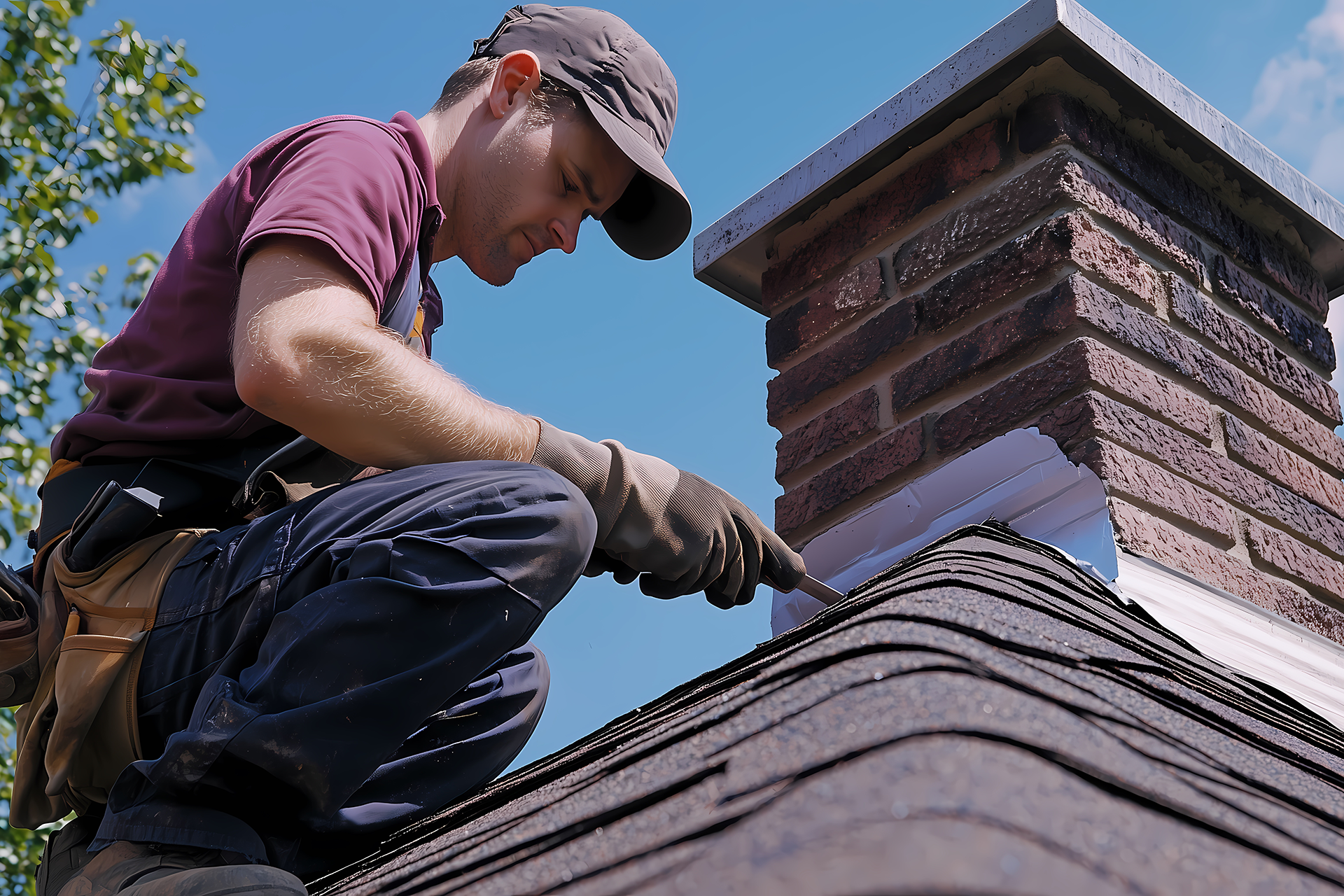 Technician repairing chimney bricks on rooftop