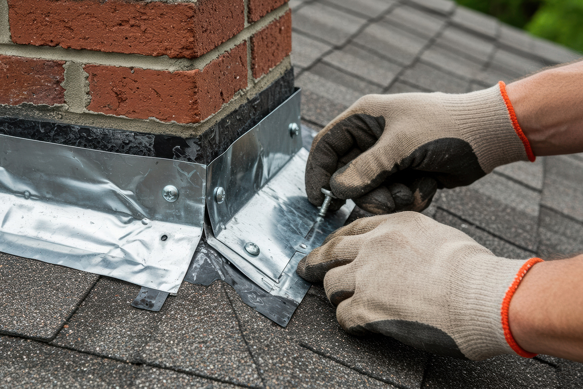 Worker sealing flashing around chimney base