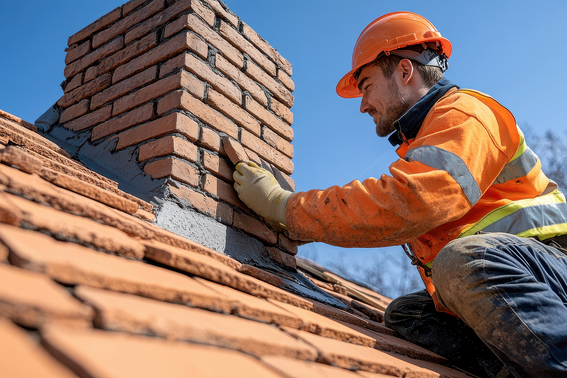 Chimney specialist on roof repairing chimney